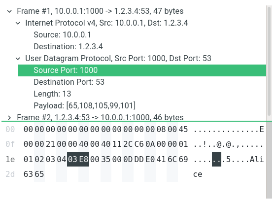 Taking inspiration from the Wireshark packet view: it shows the packet components and contents.